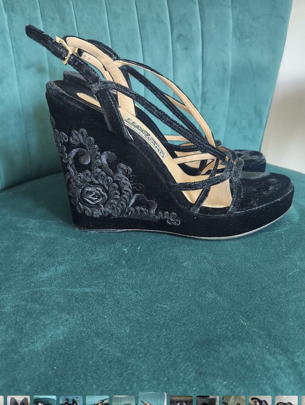 Salvatore Ferragamo Black Velvet Strappy Wedge Sandals - Picture 2 of 12
